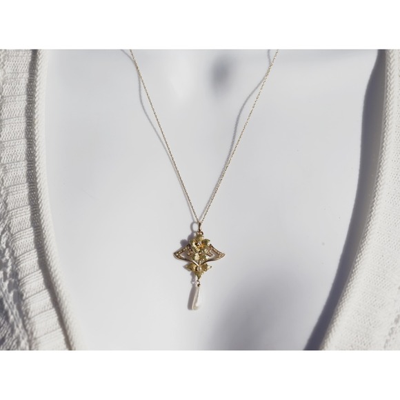 Antique 14K Gold Art Nouveau Pendant Old Mine Cut Diamond Seed Pearls Pearl Drop - Picture 4 of 7